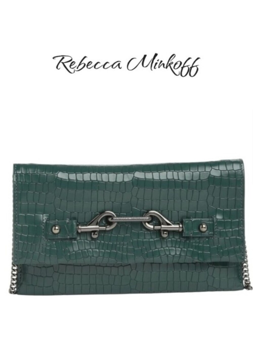 TitleRebecca Minkoff Lou Croc Embossed Leather Foldover Clutch Green NWT